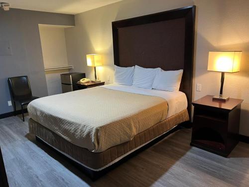 Habitación de hotel con 1 cama grande y 2 lámparas en Goldstar Inn en Los Ángeles