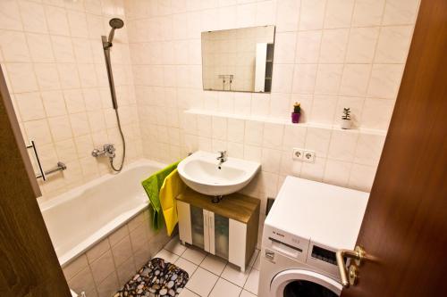 La salle de bains est pourvue d'un lavabo et d'une baignoire. dans l'établissement Ferienwohnung Tukan Apartment Dresden Laubegast WLAN TV Ebike, à Dresde