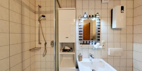 a bathroom with a shower and a sink and a mirror at Ferienwohnung Seeblick in Schalkenmehren