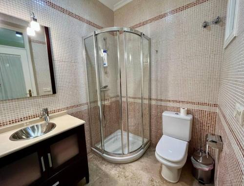 a bathroom with a shower and a toilet and a sink at Apartamento con Encanto próximo Alameda Hercules in Seville