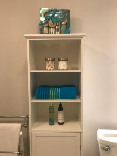 a white shelf in a bathroom next to a toilet at Hot Tub Hideaway in Shawnigan Lake