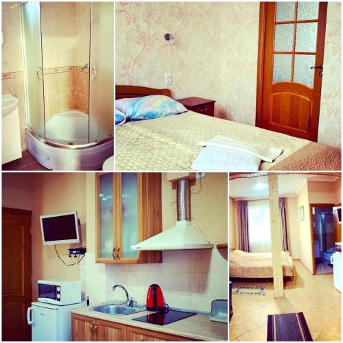 a collage of pictures of a kitchen and a bathroom at Гармонія in Skhidnitsa