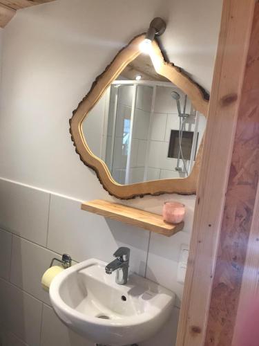uma casa de banho com um lavatório e um espelho em Tiny Home am Bach em Pettenbach