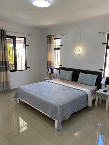 a bedroom with a large bed and two windows at Residence La Colombe in Grand Baie