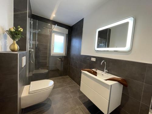 ein Bad mit einem WC, einem Waschbecken und einer Dusche in der Unterkunft Luxuriöse Wohnung Zentral mit großem Balkon in Losheim