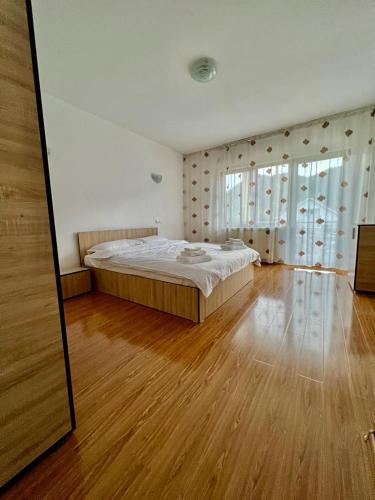 a bedroom with a large bed and a wooden floor at Casa Rus in Leordina