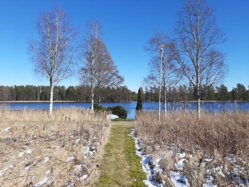 a path through a field with trees and a lake at Ljungsarp-Västra Götalands Iän-Hasewinkel in Ljungsarp