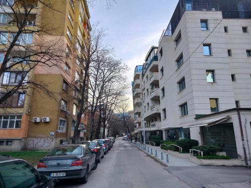 uma rua com carros estacionados ao lado de edifícios altos em Alinik Apartment em Sófia