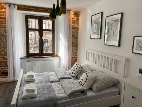 ein Schlafzimmer mit einem Bett mit Kissen darauf in der Unterkunft Apartament Przy Ratuszu in Kłodzko