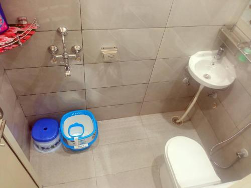 a small bathroom with a toilet and a sink at Travelodge Homestay in Bīr