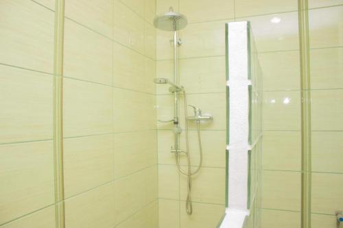 uma casa de banho com um chuveiro e uma porta de vidro em Broadway Apartments B3 em Debrecen