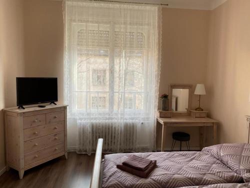 1 dormitorio con 1 cama y vestidor con ventana en Broadway Apartments B3 en Debrecen