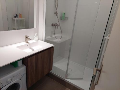 een badkamer met een douche, een wastafel en een wasmachine bij Appartement Le Grau-du-Roi, 2 pièces, 6 personnes - FR-1-716-1 in Le Grau-du-Roi