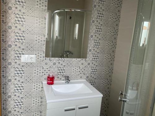 a bathroom with a sink and a mirror and a shower at La casita de la punta in Isla del Moral