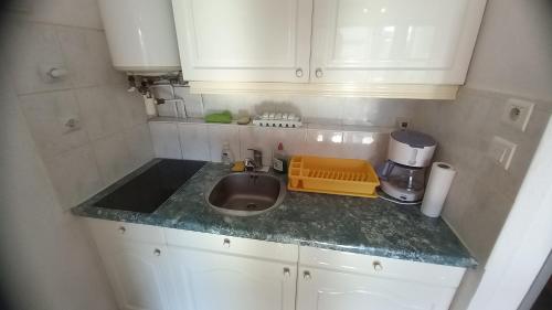 Il comprend une petite cuisine avec un évier et une cafetière. dans l'établissement Studio-cabine Port Dauphin, au Cap d'Agde