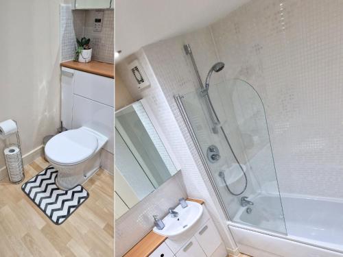 two pictures of a bathroom with a shower and a toilet at Luxury Spacious Apartment- Sleeps 4 Loughborough in Loughborough