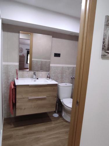 La salle de bains est pourvue d'un lavabo, de toilettes et d'un miroir. dans l'établissement Casa Rural Villamoli, à Jarandilla de la Vera