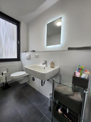 ein Badezimmer mit einem Waschbecken, einem WC und einem Spiegel in der Unterkunft Stilvolles Appartement in Bielefeld
