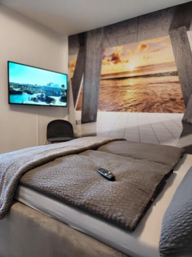 Schlafzimmer mit einem Bett und einem TV an der Wand in der Unterkunft Stilvolles Appartement in Bielefeld