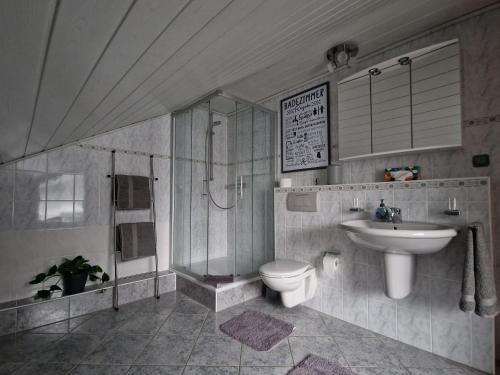 a bathroom with a toilet and a shower and a sink at Ferienwohnung Arnsberger Wald in Möhnesee