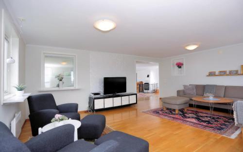 salon z kanapą i telewizorem w obiekcie Lilla Skårudden w mieście Värnamo
