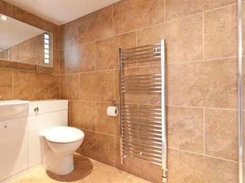 a bathroom with a toilet and a shower at Throstle Nest Farm in Carleton