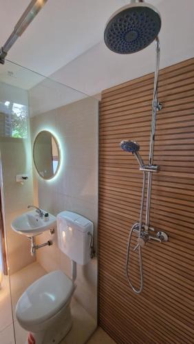 y baño con aseo, lavabo y ducha. en Studio apartman Karla en Rijeka