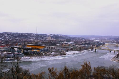 a view of a river with snow on the ground at Refined Studio New Construction 1 Mile From Town in Pittsburgh