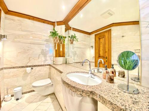 a bathroom with a sink and a toilet at Best Butler Mountain Glory Apartment Bergblick I Küche I Terrasse I Parkplatz I Netflix I Seenähe in Füssen