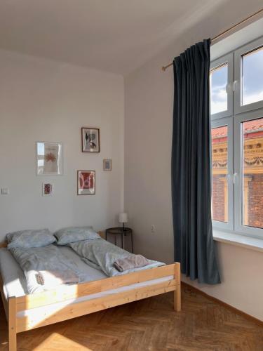 1 dormitorio con cama y ventana en Apartament Meiselsa, en Cracovia