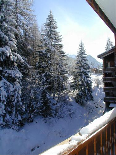 - une vue sur une cour enneigée avec des arbres dans l'établissement Appartement au pied des pistes, à Modane