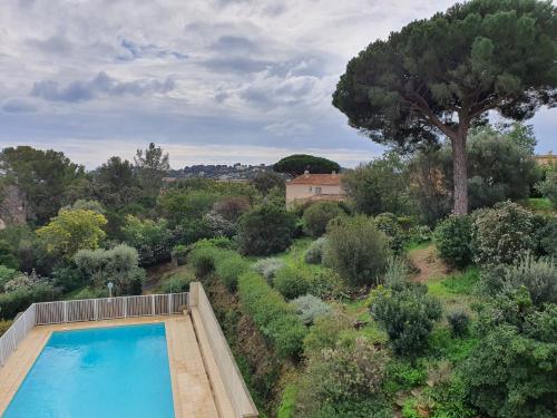 - une vue sur la piscine dans le jardin dans l'établissement Joli Studio cavalaire, à Cavalaire-sur-Mer