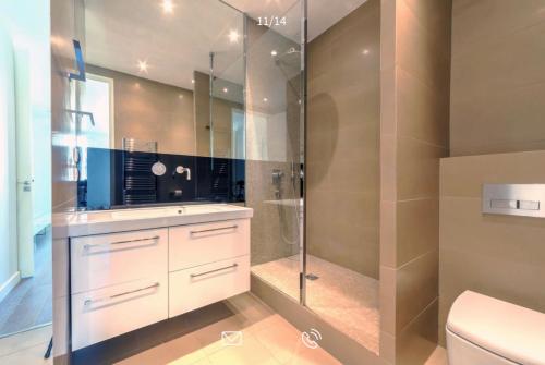 une salle de bain avec douche et toilettes dans l'établissement Arundel Croisette 100m Beach, Palais Free Parking AC Fibre, à Cannes