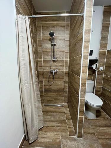 Saint-FonsにあるSuperbe appartement à 15 min de Lyonのトイレとシャワー室を備えたバスルーム