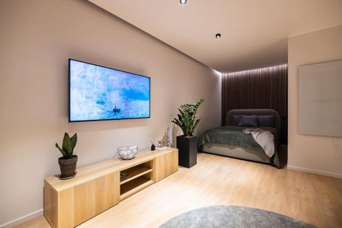 a bedroom with a bed and a tv on a wall at Apartment in Cēsis in Cēsis