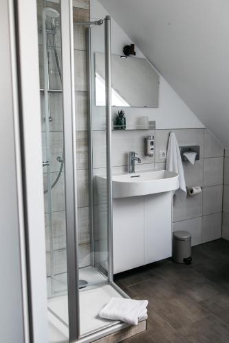 a bathroom with a shower and a sink at Schlei Hotel in Kappeln
