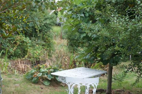 a white table under a tree in a garden at Cissbury in Midhurst