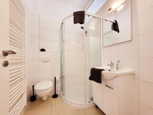 a bathroom with a shower and a toilet and a sink at Donaufelder City Apartment in Vienna