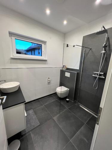 a bathroom with a shower and a toilet and a sink at Ferienwohnung Franzi in Dahn