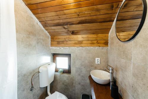 baño con lavabo blanco y techo de madera en Casa din Munți Vlădeasa, en Rogojel