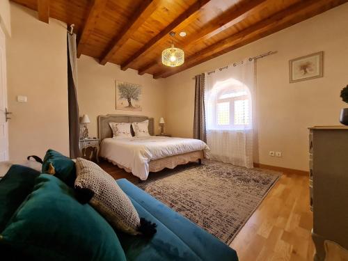 a living room with a bed and a couch at Domaine du Cuiset -Gîte des Combles in Saint-André-sur-Vieux-Jonc