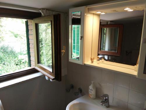 a bathroom with a sink and two windows at Boschettoresidence in Perugia