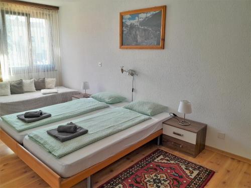 um quarto com 2 camas individuais e um tapete em Onyx em Locarno