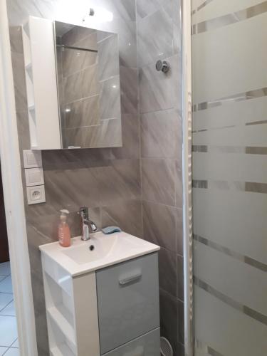 La salle de bains est pourvue d'un lavabo blanc et d'une douche. dans l'établissement Horizon, à Saint-Valery-en-Caux