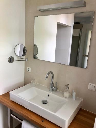 a white sink in a bathroom with a mirror at Das Logierhaus in Bad Alexandersbad