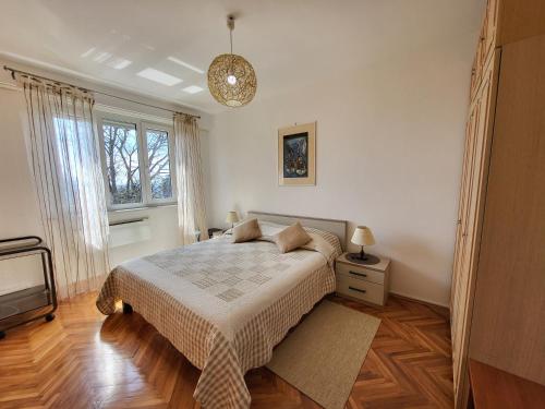 a bedroom with a bed and a chandelier at Apartment Kantrida-Near the Beach in Rijeka