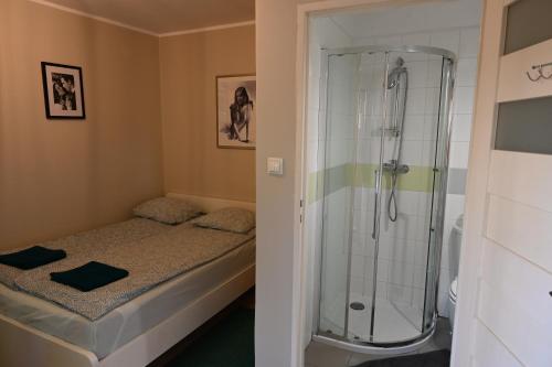 a small bathroom with a shower and a bed at Pepe Hostel in Warsaw