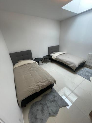 Cette chambre blanche comprend 2 lits et un tapis. dans l'établissement Cosy house, à Le Petit-Quevilly