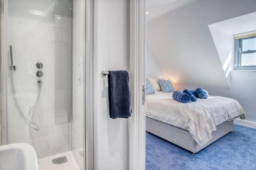 een slaapkamer met een douche en een bed met blauw tapijt bij Ocean Cabins No 13 At The Square - Saundersfoot in Saundersfoot