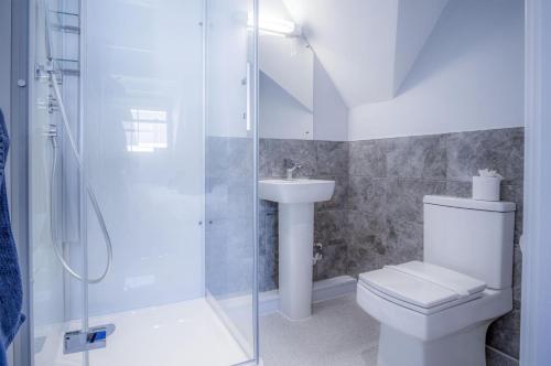a bathroom with a shower and a toilet and a sink at Ocean Cabins No 9 At The Square - Saundersfoot in Saundersfoot
